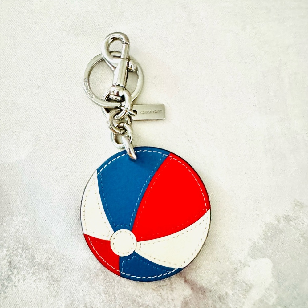Coach Red, Blue, White Colorful Beach Ball Keychain, Bag Charm in Silver